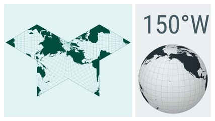 World Map Animation. Collignon butterfly projection. Solid color style. Animated world map in Polyhedral Collignon projection. Loopable animation showing longitude shift and matching globe.