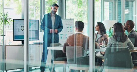 Presentation, question and business man in meeting for diplomacy, foreign service officer and target audience. Politics workshop, campaign manager and collaboration with people for research team