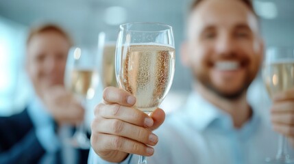 Close-up of hand holding a glass of champagne during a celebration. Business event toast concept.