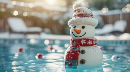 Cute Snowman Wearing A Red Scarf Floating In An Outdoor Pool, Winter Holidays Festive Background