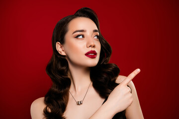 Magnificent sophisticated lady star advertising jewelry store boutique isolated on red color background