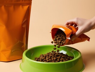 Pet food being poured into a green bowl, symbolizing nutrition and care (8)