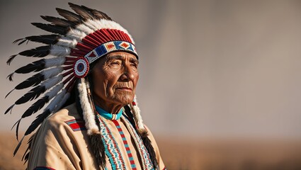 Obraz premium Elderly Indigenous man wearing traditional headdress stands proudly against a neutral background during a cultural event at sunset