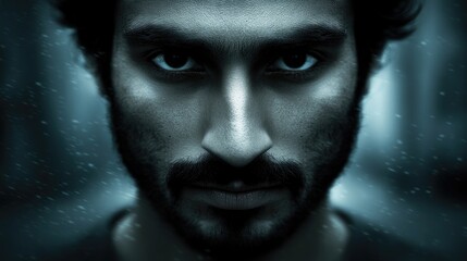 Mysterious stare: intense portrait of a bearded man in low light