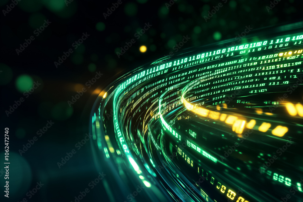 Poster a mesmerizing display of swirling binary code digits illuminates the dark surroundings, representing