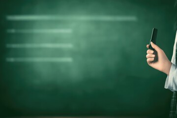 Teacher holding chalk in classroom with green chalkboard background