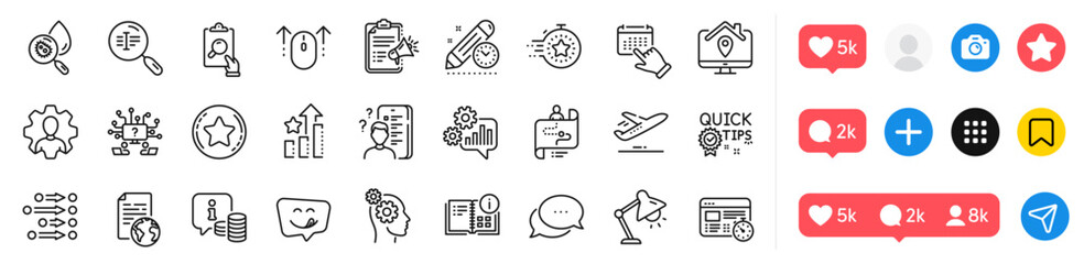Fototapeta premium Web timer, Dots message and Megaphone checklist line icons pack. Social media icons. Cogwheel, Event click, Survey web icon. Work home, Thoughts, Professional pictogram. Vector