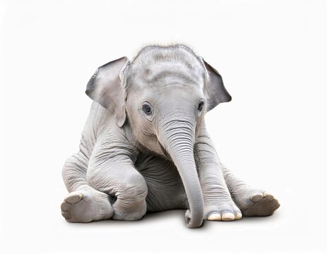 young baby elephant sit down to show isolated on white background with clipping path
