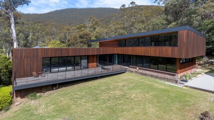 Obraz premium Modern wooden house with large windows in forested mountain setting