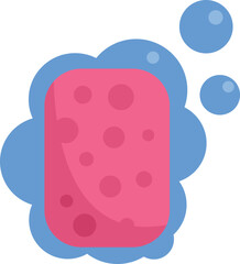 Pink sponge is surrounded by soap suds, evoking a sense of cleanliness and hygiene