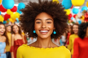 Joyful celebration: smiling woman in vibrant crowd with african hair at colorful event