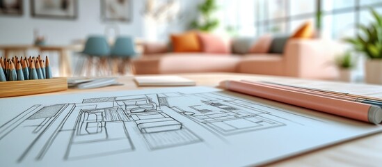 Hand drawn floorplan on a table with colored pencils and a blurred background of a modern living room.