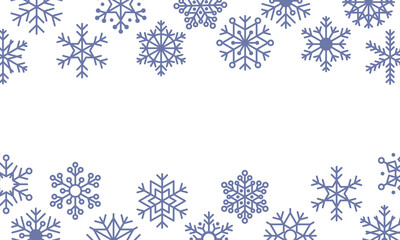 Horizontal frame of blue snowflakes on white background. Snowstorm effect, snowfall, symbol of winter, new year and christmas. Vector illustration frame template for winter design.