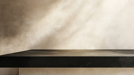 Glossy black countertop on a soft beige textured wall background. Luxurious product display mockup...