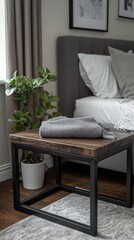 Cozy bedroom corner featuring a stylish nightstand with a folded blanket and decorative plant