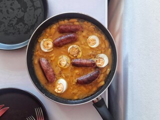 Spanish cuisine. Fabada. Beans with sausage