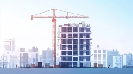 Fototapeta premium Construction crane lifting building materials for a high-rise building under construction.