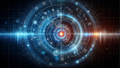 Fototapeta premium Digital illustration of a futuristic interface with concentric circles, glowing lines and an orange core. 