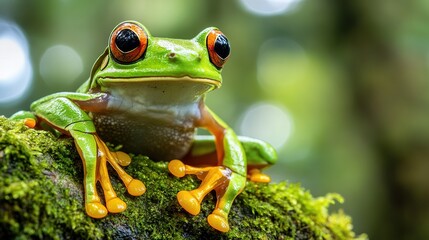 A close-up shot of a vibrant green tree frog perched on a leaf, showcasing its bright green skin, large eyes, and delicate toes, set against a natural lush green background