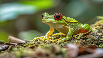 Naklejka premium A close-up shot of a vibrant green tree frog perched on a leaf, showcasing its bright green skin, large eyes, and delicate toes, set against a natural lush green background