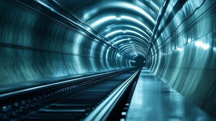 Long metro tunnel with tracks and light blue lighting with space for text or inscriptions,...