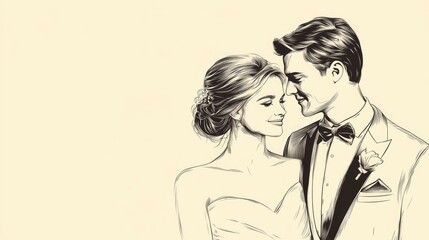 A bride and groom looking lovingly at each other, drawn in black and white.