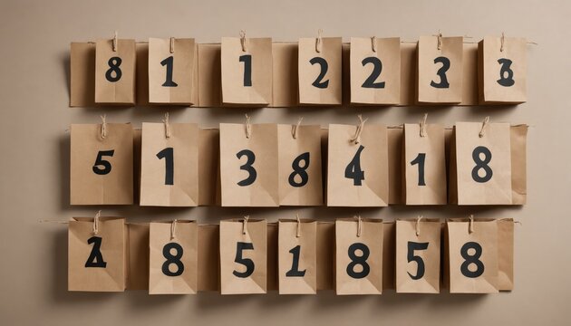 Creative display of numbered paper tags arranged in a grid on a neutral background, showcasing an artistic approach to organization