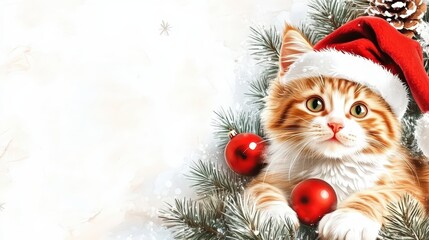 Obraz premium Cute orange and white calico cat in christmas , 4k, cartoon style, white backgraound, watercolor, card