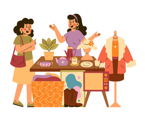 Asian Local Market Concept Illustrations. Woman Shopping at an Antique Shop Illustration  