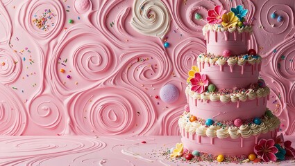 A three-tiered pink cake decorated with colorful sprinkles and flowers sits against a whimsical pink swirling backdrop