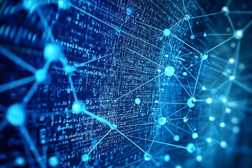 Abstract representation of code and big data connection, showcasing a blue matrix with network patterns.