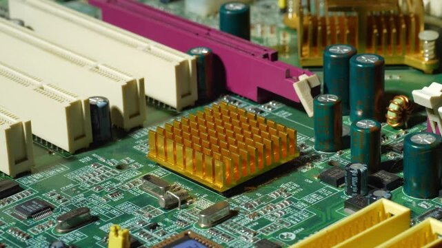 A detailed close-up of a microprocessor from the Windows XP era, showcasing the technology that powered a generation of personal computers. This nostalgic footage highlights the intricate circuitry