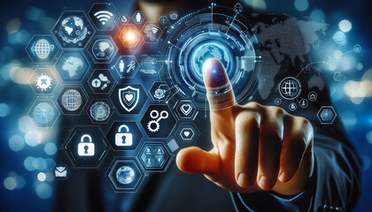 The hand interacts with a futuristic holographic interface that displays various technology and cybersecurity icons.

