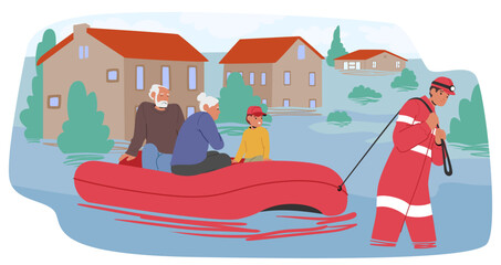 Rescue Personnel Guide Two Elderly Individuals And Kid To Safety In An Inflatable Boat Through Floodwaters