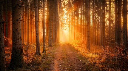 Fototapeta premium A calm forest trail with golden sunlight filtering through the foliage