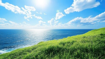 A peaceful seaside landscape shot with grassy hills sloping down to the ocean under a clear blue sky.