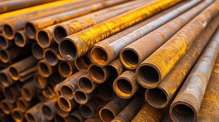 Photo of PE pipes stacked in rows in an industrial plant.