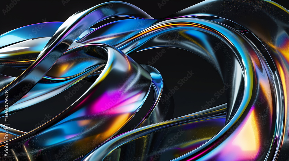 Fototapete 3d render of abstract futuristic glossy chrome curved shape with colorful reflections on black background. Iridescent wavy ribbon, metallic structure, close up