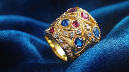 Naklejka premium Photo of a stunning gold ring adorned with sparkling gems.