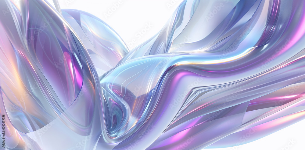 Fototapete 3D render of an abstract futuristic background with holographic glass elements and curved lines on a white background
