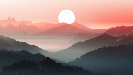 Fototapeta premium Serene mountain landscape with colorful sunrise or sunset sky.