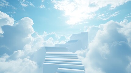 Photograph of a long white staircase extending into the sky, surrounded by calm clouds and soft blue light.