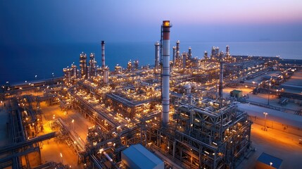Fototapeta premium Photograph of an oil refinery illuminated at dusk with a calm sea in the background.