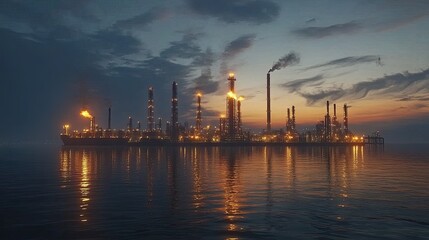 Naklejka premium Photograph of an oil refinery illuminated at dusk with a calm sea in the background.