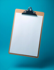 Clipboard floating or flying isolated on light blue background