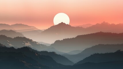 Fototapeta premium Sunset over foggy mountains with ethereal light and gradient sky.