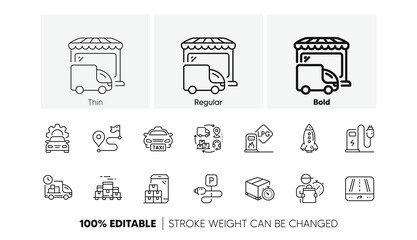 Delivery timer, Car service and Rocket line icons. Pack of Gps, Charging station, Delivery truck icon. Gas station, Charging parking, Boxes pallet pictogram. Supply chain, Mobile inventoryTaxi. Vector