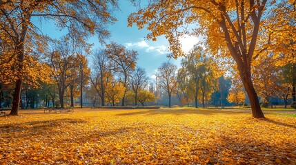 Fototapeta premium Another colorful autumn landscape with a yellow leaf carpet in a sunny park setting.