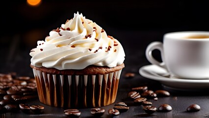 Cupcake with whipped cream and cup of coffee