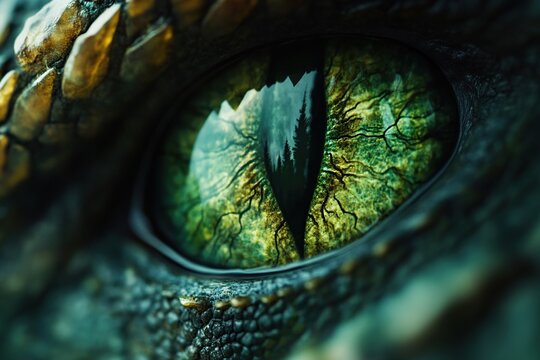 A macro view of a mystical dragon eye, radiant green with a swirling vortex pattern in the iris, surrounded by dark, textured scales and glowing with an otherworldly aura